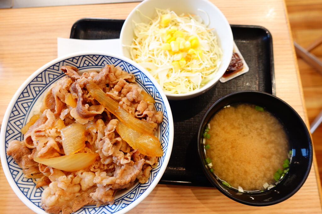 吉野家の牛丼大盛とサラダ+味噌汁